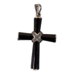 Vintage NF Sterling Silver 925 Black Onyx Marcasite Cross Pendant  Religious 2"
